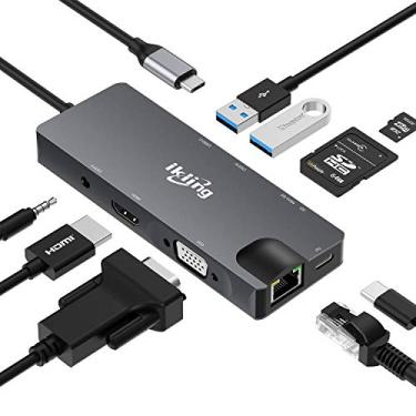 Imagem de Ikling Hub USB C, adaptador 9 em 1 com USB C 4K para HDMI, VGA, Gigabit Ethernet, 100W PD, 2 USB-A 5 Gbps, leitor de cartão MicroSD/SD, base USB C para a maioria dos dispositivos tipo C