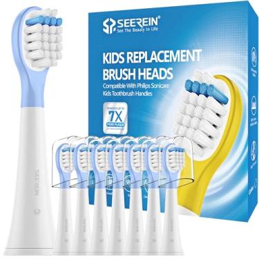 Imagem de SEEREIN Cabeças de substituição compatíveis Philips Sonicare Kids para crianças Philips Sonicare Hx6340 hx6330 hx6320 hx6321 para crianças meninos Gril 3+ com capa de cabeça, cabeças de escova azul, 8