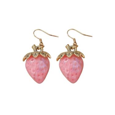 Imagem de Brincos femininos de morango vermelho com pingente de gota de morango, brincos de morango simulados de resina 3D, joias de morango e frutas, Resina, Sem pedra preciosa