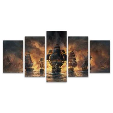 Imagem de Kit Quadros Mosaico Fogo Mar Explosão Chamas Barco Navio Pirata  - Del