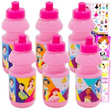 Imagem de Disney Garrafas de água reutilizáveis Princess Kids de 325 ml - Conjunto de 6 peças de lembrancinha de festa de princesa Disney com garrafa de 325 ml com tampa superior e adesivos, tatuagens para