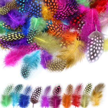 Imagem de 120 peças de penas pintadas coloridas para artesanato, MWOOT (5 a 13 cm) pena de galinha natural para roupas faça você mesmo, joias, casamento, festa de aniversário, cartões de decoração