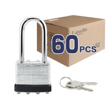 Imagem de LanuBe Cadeado com chave laminada (1-9/40.6 cm, 40 mm), fechaduras semelhantes com chave, manilha longa, aro de plástico preto marcado, pacote com 60