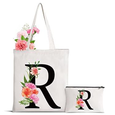 Imagem de Sanuurfky Sacola de lona com letra inicial personalizada para presente para o dia das mães, damas de honra, noiva, aniversário, casamento, Flor - R, Large