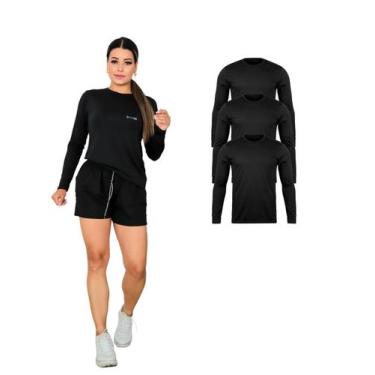 Imagem de Kit Com 3 Camisetas Manga Longa Proteção UV Feminina Preto - Roger, XG