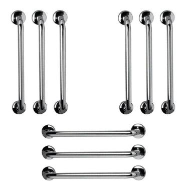 Imagem de Barra de Apoio 60cm Aço Inox Kit 9 Unidades Banheiro Box Suporte Idoso Deficiente Cadeirante Segurança Corrimao Escada Acessibilidade