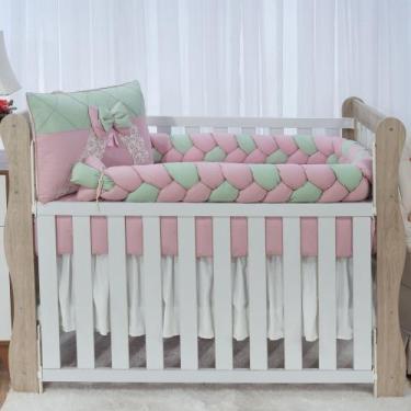 Imagem de Kit enxoval para berço bebê modelo de trança elegância verde/rosê meni