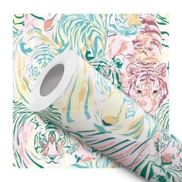 Imagem de Papel De Parede Adesivo Lavável Tigre De Bengala Abstrato Rosa Verde F