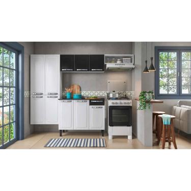 Imagem de Cozinha Compacta Aço Rose 10 Portas 1 Gaveta Branco com Preto - Rede Móveis