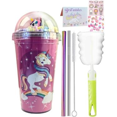 Imagem de seelucky Copo de viagem de unicórnio com canudo brilhante copo de gelo freezer caneca copo de plástico piquenique festa presente de aniversário (estrelas unicórnio 1, 450 ml)
