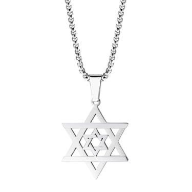Imagem de 555Jewelry Colar de estrela de Davi de aço inoxidável para mulheres e homens, colar unissex com pingente de estrela judaica, corrente de caixa de 40-61 cm, 20 Inch, Aço inoxidável, Sem Pedra Preciosa