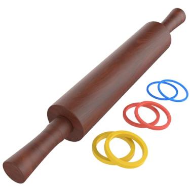 Imagem de Mepple Rolo de massa de madeira clássico com alça para fondant, pizza, tortas, biscoitos, pastelaria, rolo de massa para assar com 3 anéis de espessura multicoloridos, rolo de massa sapele natural de