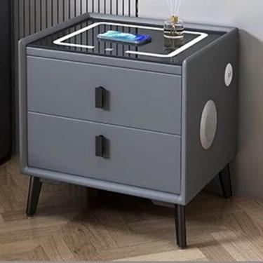 Imagem de Mesa de cabeceira com estação de carregamento e LED, armário de mesa de cabeceira para quarto, mesa lateral moderna multifuncional com portas USB, com desbloqueio de impressão digital, cinza, 50 x 40