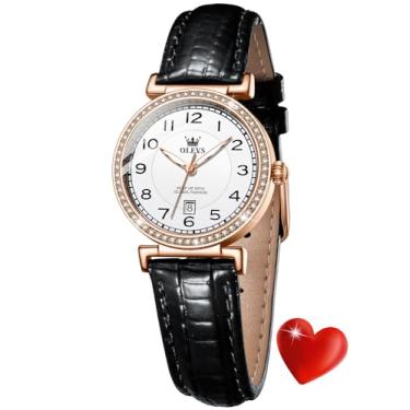 Imagem de OLEVS Relógio feminino com tiras de couro marrom feminino ouro rosa elegante vestido luxuoso cronógrafo à prova d'água relógio de pulso data dia, 5590: preto e branco