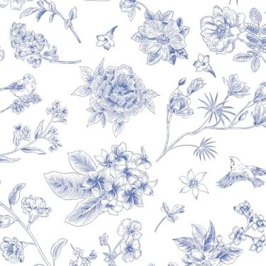 Imagem de Safiyya Papel de parede floral azul e branco de 299.7 cm x 43.9 cm Papel de parede removível autoadesivo para quarto, banheiro, flores, pássaros, papel de contato, descasque e cole rolos de vinil