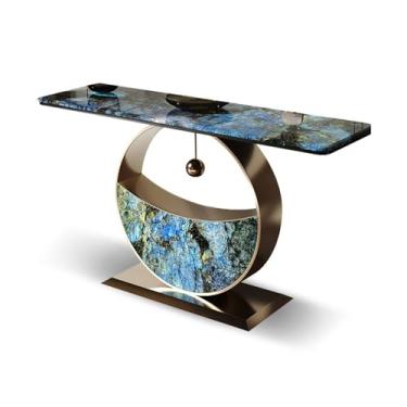 Imagem de LICONG-2020 Mesa de entrada para entrada, mesa de entrada, mesa de entrada estreita de mármore azul moderno de 119 cm, mesa de sofá com base redonda de aço inoxidável para armário de entrada