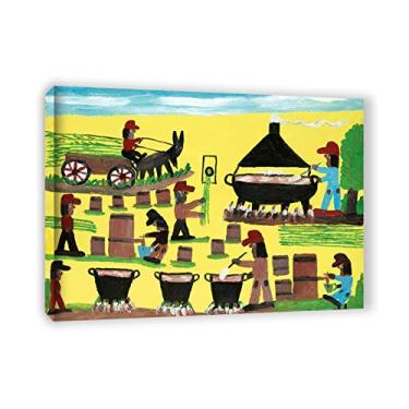 Imagem de Clementine Hunter Prints-Famous Paintings Wall Art Posters-Reprodução em tela - Fazendo xarope de cana de açúcar, executado por volta de 1975 - Arte de parede em tela emoldurada pronta para pendurar