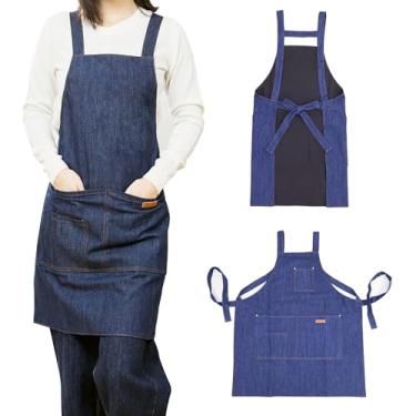 Imagem de HABABY Avental de chef de cozinha, avental de estilo industrial com 2 bolsos, avental impermeável e resistente a óleo para mulheres e homens, Jeans azul, General Size
