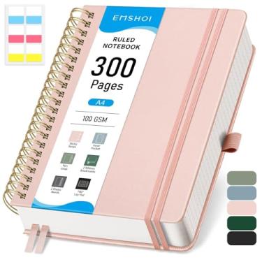 Imagem de EMSHOI Caderno de diário espiral forrado A4, 300 páginas numeradas, caderno pautado para faculdade, 21 x 28,4 cm - papel forrado de 100 g/m², caderno de couro de capa dura para escola, trabalho e