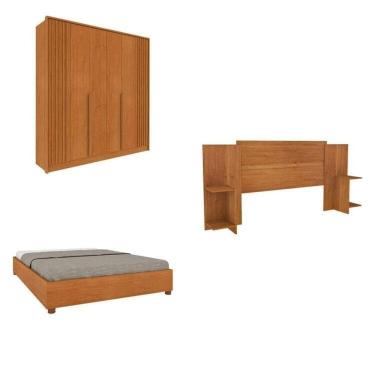 Imagem de Quarto Casal Guarda-Roupa 6 portas Ripado Nova York e Cama Box Queen Mônaco com Cabeceira Ajustável Cinamomo