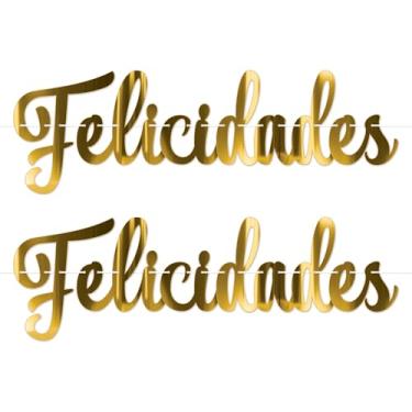 Imagem de Beistle Felicidades Streamers, pacote com 2 cartolina dourada, design escrito em espanhol com fita branca, faixa de parabéns, decoração de festa para paredes e detalhes de mesa, 9,5 m, 35,5 x 9,5 cm
