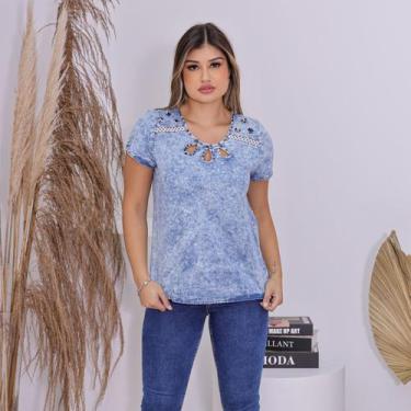 Imagem de Blusa Feminina de Manga Curta Jeans Premium detalhes Bordados - Azul -
