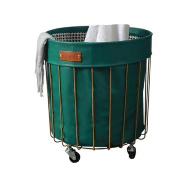 Imagem de Cesto de roupa suja com rodas com moldura de arame de metal dourado cesto de roupa suja escandinaio de ferro organizador de brinquedos para armazenamento e transporte de roupas, 39 x 44 cm, verde