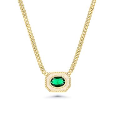 Imagem de Colar feminino banhado a ouro 18 quilates com pingente de zircônia cúbica oval verde empilhada com esmalte creme, colar de pedras preciosas da moda em camadas delicadas, joias de declaração de pedra