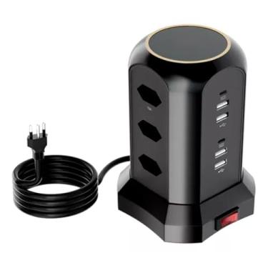 Imagem de Extensão de Tomada de Torre, 9 Tomadas, 4 USB, 2 Type-C, Preto, Carregamento Rápido, Design Compacto e Seguro