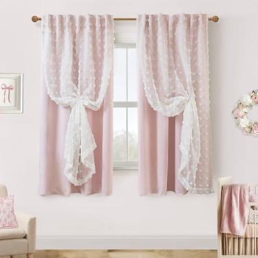 Imagem de Cortinas pretas transparentes rosa e brancas de 182 cm de comprimento para quarto de meninas, cortinas blackout para quarto de bebê com pompom e babados