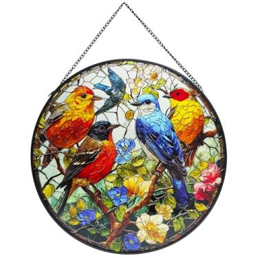Imagem de ZZHAOYI Apanhador de sol de pássaros coloridos para pendurar em vitrais artísticos, 19 cm, pássaros nos galhos, apanhador solar para decoração de jardim, pássaros pintados à mão, presentes para