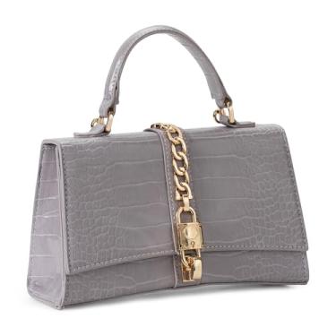 Imagem de Beatfull Bolsa feminina com alça superior tiracolo elegante de couro de crocodilo bolsa de ombro quadrada com corrente, Cinza, Small