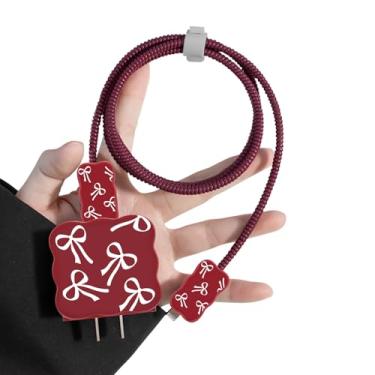 Imagem de CameCosy Protetor de cabo Wave para iPhone 18W/20W, lindo design de gravata borboleta branca macia TPU protetor de cabo de dados protetor de carregamento de telefone para carregador Apple - vermelho