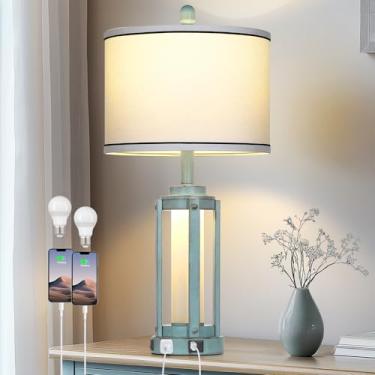 Imagem de Lolikit Luminária De Mesa Estilo Fazenda Industrial, Abajur Rústico Vintage De 26" Com Portas De Carregamento Usb A+C E Tomada Ca, Luminária De Mesa De Cabeceira De Metal Com Luz Noturna Led E Abaju