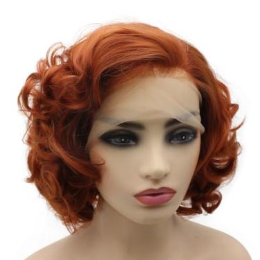 Imagem de Peakia Peruca Sintética Curta Ondulada, Cor Vinho, Ruiva, Meio Amarrada À Mão, Lace Frontal, Loira Acinzentada