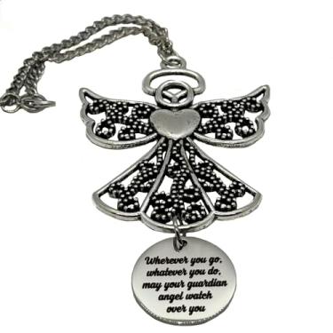 Imagem de Pingente de anjo de prata onde quer que você vá, o que quer que você faça, que seu anjo da guarda veja sobre você pingente de carro espelho retrovisor, presente de ornamento