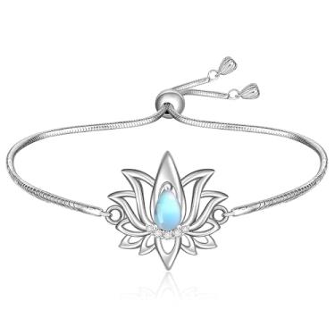 Imagem de Pulseira de prata esterlina com pedra da lua, flor de lótus, pulseira para mulheres, cura de 7 chacras da sorte, 8, Prata esterlina, Zircônia cúbica