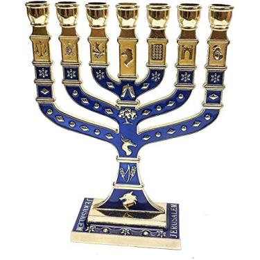 Imagem de Blue Enamel 7 Branch 12 Tribes Menorah 10.8" high