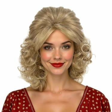 Imagem de MEDISIFA Peruca Curta Loira Com Mechas E Cacheada Franja Para Mulheres, Cabelo Sintético Resistente Ao Calor, Ondulado À Água, Adequada Fantasias Retrô Dos Anos 70 80 Ou Festa De Halloween