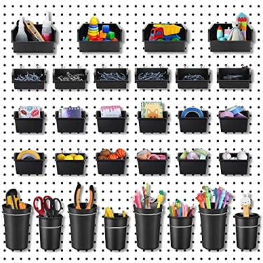 Imagem de Conjunto de 60 peças de caixas de pegboard de copos Pegboard, organizador de parede com ganchos e laços, ganchos de pregas, acessório organizador sortido para armazenamento de escritório, garagem, artesanato, oficina (preto)
