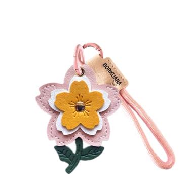 Imagem de Capa de couro compatível com AirTag, linda capa protetora com chaveiro e cordão, antiarranhões e rastreador GPS para chaves, bolsa, animais de estimação (Sakura C)