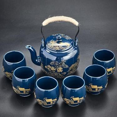 Imagem de Conjunto de chá japonês, conjunto de chá de cerâmica esmaltada preta asiática - contém 1 bule de chá, 1 coador de chá e 6 xícaras de chá. Ideal para casa, ao ar livre, escritório (azul 2)