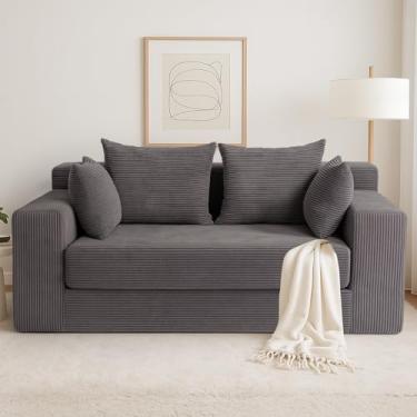 Imagem de Sofá-cama conversível, sofá dobrável 3 em 1, sofá dobrável - sofá-cama de veludo cotelê com 4 travesseiros para sala de estar, cinza