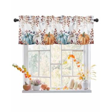 Imagem de Cortina de outono para janelas laranja azul abóbora dia de ação de graças sanefa tratamentos de janela bolso haste aquarela folhas de eucalipto outono cortinas curtas para cozinha sala de estar quarto