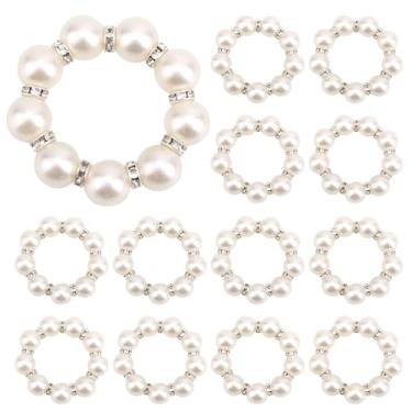 Imagem de lasuroa 12 Anéis Guardanapo Pérola, Suporte Redondo Plástico Branco para Anéis Guardanapo Decoração Mesa com Missangas para Jantar de Festa de Casamento