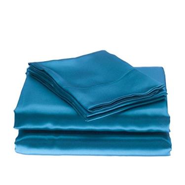 Imagem de Conjunto de lençóis de cetim 100% seda pura Bedify, 4 peças, lençol de seda com elástico de 38 cm de profundidade, lençol plano de seda e conjunto de fronhas!! !, Turquoise Blue, Twin XL