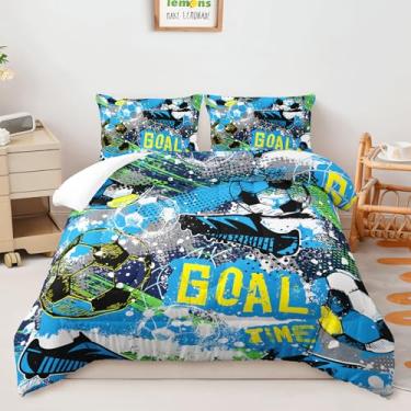Imagem de AILONEN Conjunto de edredom solteiro, estilo grafite, futebol americano, 3 peças, chuteiras de futebol e design de placar, perfeito para fãs de esportes, 1 colcha + 2 fronhas