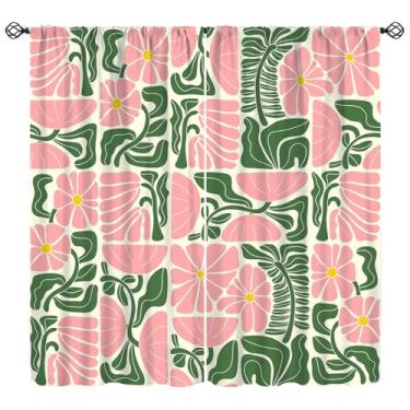 Imagem de Cortinas florais retrô dos anos 70, abstrato, geométrico, hippie, floral, meados do século, cortinas com isolamento térmico, conjunto de 2 painéis para quarto, sala de estar, cozinha, 106 cm L x 163