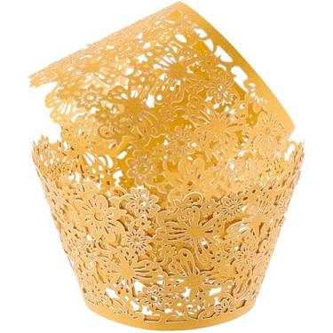 Imagem de CREATCABIN 50 peças de envoltórios de cupcake artísticos para assar bolos copos de papel filigrana pequena videira corte a laser forro dourado copo de cozimento formas formas de bolo torre envoltório
