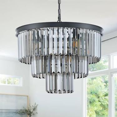 Imagem de Lustres modernos de cristal cinza fumo, lustre redondo preto de 50,8 cm, 3 camadas, 7 luzes, luxuoso, pingente de cristal K9, luminária para sala de jantar, hall de entrada, quarto e armário